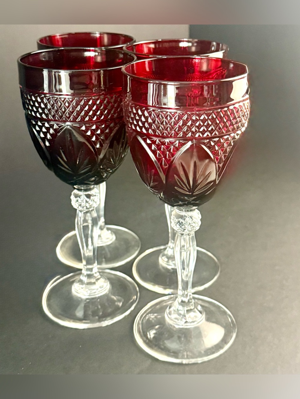 Vintage CRISTAL D'ARQUES Durand ANTIQUE RUBY RED Water Wine glasses 8" Set 4 - Picture 10 of 15